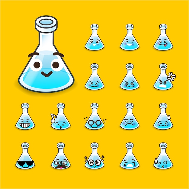 Vector emoticon flask icon test tube chemical lab cartoon set