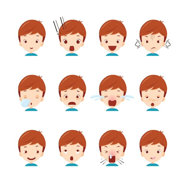 Emoticon set of cute boy with various emotions