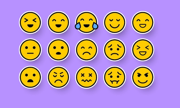 Vector emoticon set icon laugh crying love laughter surprise tongue anger consternation startle distempered emotion feeling emoji violet background mood concept vector line icon for business