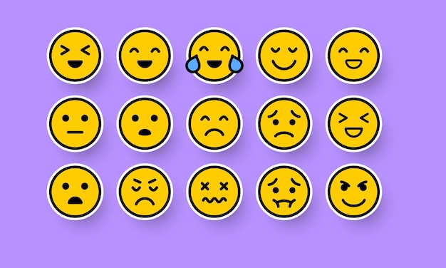 Emoticon set icon ridere pianto amore risate sorpresa lingua rabbia costernazione startle stemperata emozione sensazione emoji sfondo viola mood concept icona della linea vettoriale per il business