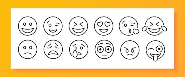 Emoticon set icon tristezza pianto amore risate sorpresa lingua rabbia costernazione startle stemperata emozione sensazione emoji mood concept icona della linea vettoriale per il business e la pubblicità