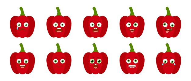 Emoticon van schattige rode paprika geïsoleerde vector set
