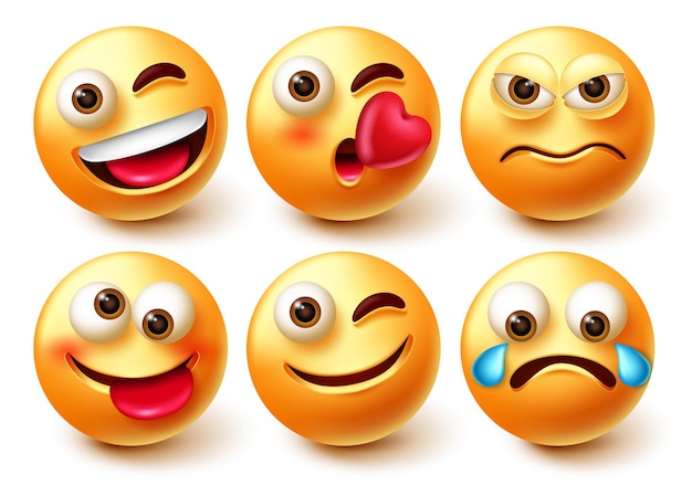 Emoticon vector character set. emoji 3d characters with facial expressions happy, angry and crying.