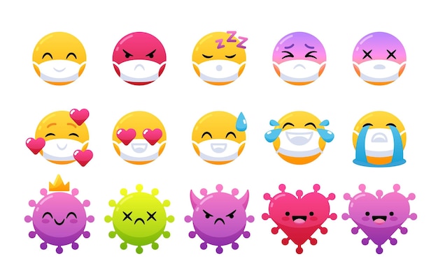 Emoticon wearing face masks in laugh yay smile wow love angry and sad emotions on white background