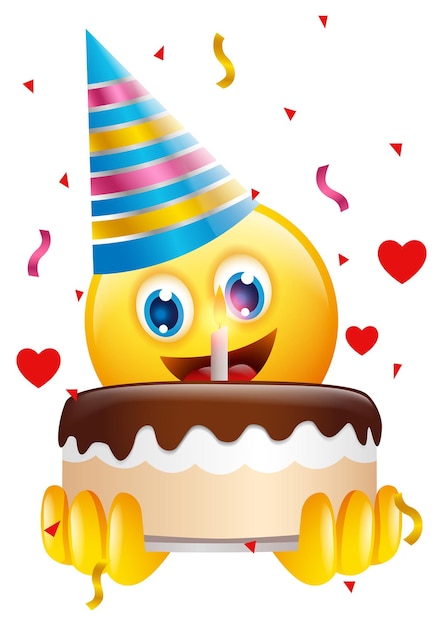 Vector emoticongezicht draagt een verjaardagshoed met een taart vast