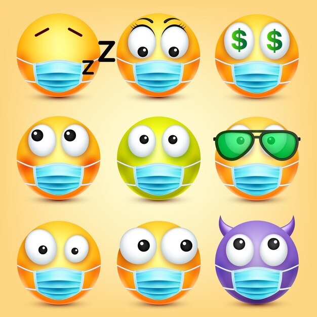 Emoticons emoji vector collectie cartoon geel gezicht met medische masker gezichtsuitdrukkingen en