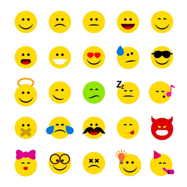 Emoticons, emoji vector illustration set of emoticons idolsted on whiite background, faces with different emotrions, facial expressions.
