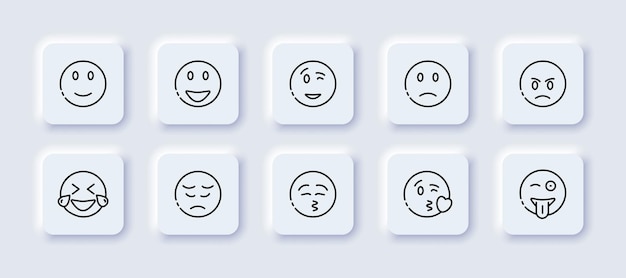 Emoticons ingesteld pictogram Glimlach emoji lachen knipoog verdrietig gefrustreerd boos tranen huilen fluiten kus hart steken tong uit Communicatieconcept Neomorfisme stijl Vector lijn pictogram voor Business