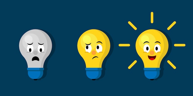 Emoticons light bulb with rays shine Cute flat light bulb emoticon icon setCartoon style