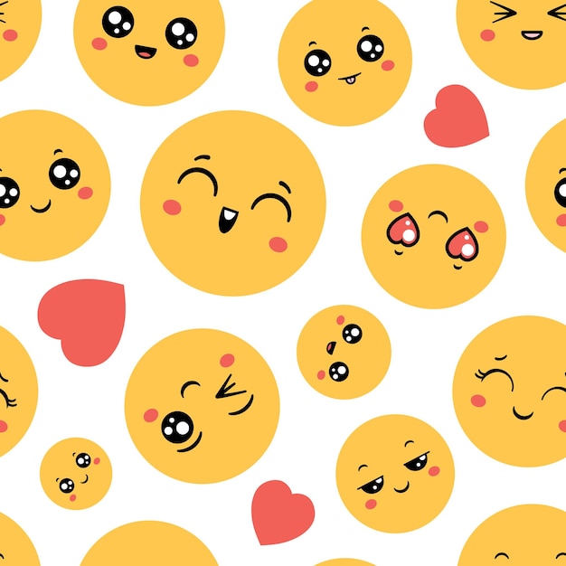 Вектор Смайлики бесшовные модели. emoji счастливые лица для забавного полиграфического дизайна. мультяшный смайлик, символы сообщений и значки смайликов, векторные обои. подмигивание, смех и веселые лица влюбленных