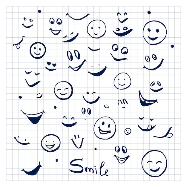 Emoticon. set di facce buffe e sorrisi, elementi di design. illustrazione vettoriale disegnato a mano. stile scarabocchio.
