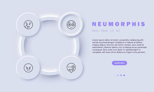 Emoticons set icon Cry shocked surprised open eyed show tongue and wink angry mad emotions express reaction Online communication concept Neomorphism style Vector line icon for Business