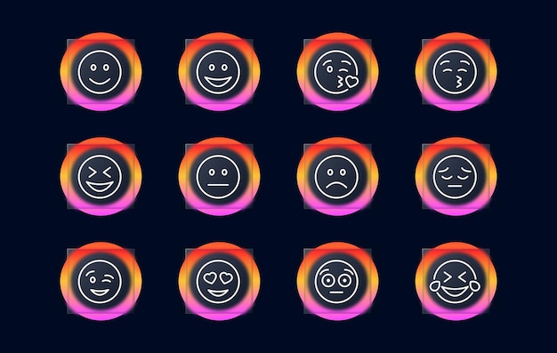 Emoticons set icon Laugh love cry tears sad wink kiss heart shaped eyes shocked angry show tongue Online communication concept Glassmorphism style Vector line icon