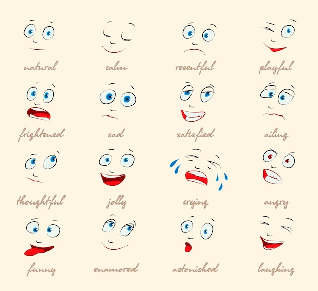 Emoties. cartoon gezichtsuitdrukkingen instellen. (natuurlijk, kalm, haatdragend, speels, bang, verdrietig, tevreden, ziekelijk, attent, vrolijk, huilend, boos, grappig, verliefd, verbaasd, lachend) vector