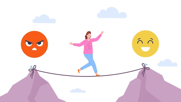 Emotional balance stability and unstable mood emotion discipline therapy feelings control positive sad or happy woman on instable rope slacklining vector illustration of balance emotion mind