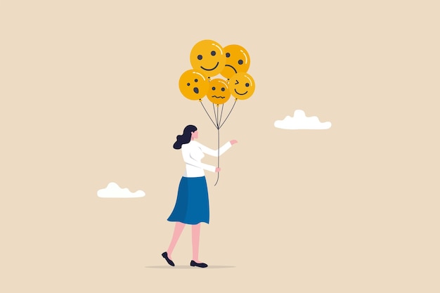 Vector emotional control and self regulation, stressed management or mental health awareness, feeling and expression concept, calm woman holding balloons with emotion or expression faces, happy, sad or fear.