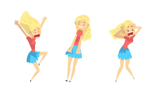 Emotional Frightened Girl Set Scared and Panicked Young Woman Panic Attack Anxiety Phobia Crisis Cartoon Vector Illustration
