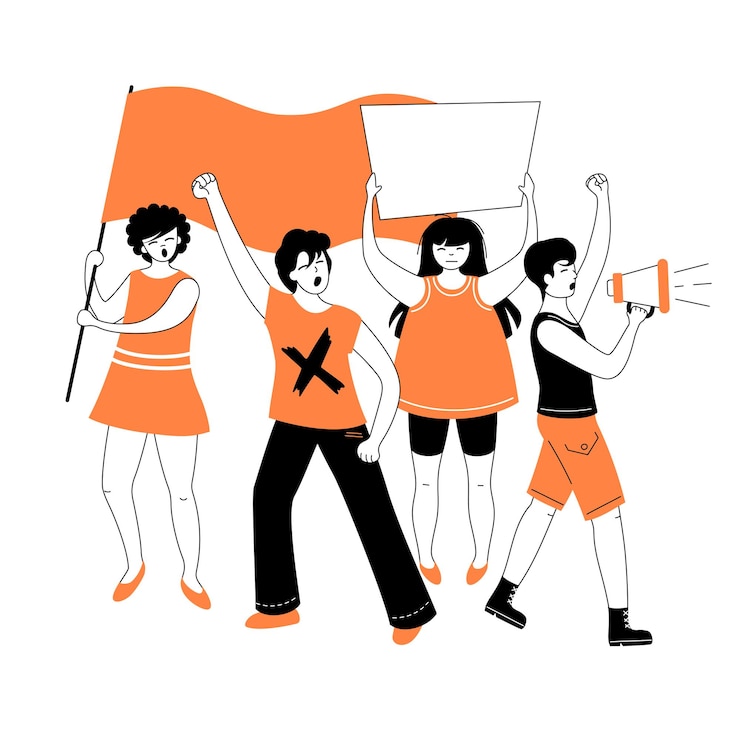 Vector emotional girls and boys at a protest demonstration