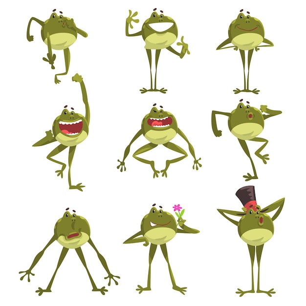 Emotional green funny frog amfibian animal cartoon character in different poses vector illustration isolated on a white background