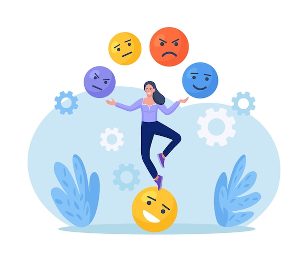 Emotional intelligence balance of anxiety and happiness Woman juggles emoticons expression emotional faces Emotions mood control Mindfulness and psychology Consciousness self development