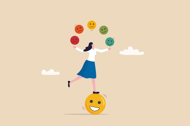 Vector emotional intelligence control feeling or emotion psychology to be success or balance of anxiety and happiness concept cheerful woman balance on smiling face juggling expression emotional faces