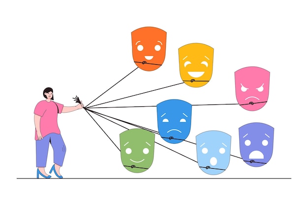 ベクトル 感情的知性 精神的な考え方の概念の自己調整のバリエーション ロープを使用して多くのマスクを制御し、喜びの表情の顔 信頼 恐れ 驚き 悲しみ 怒り 期待