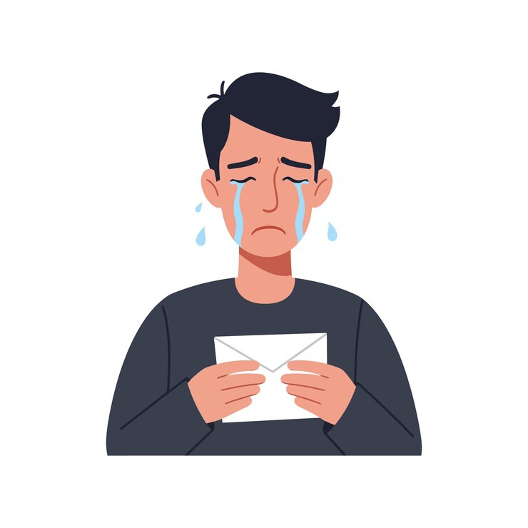 Emotional man crying while holding a letter in flat vector illustration