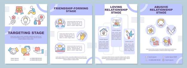 Emotional manipulation stages purple brochure template Abuser Leaflet design with linear icons 4 vector layouts for presentation annual reports ArialBlack Myriad ProRegular fonts used