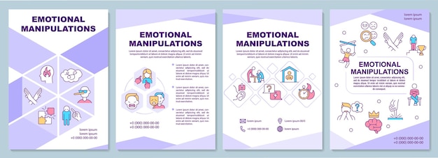 感情的な操作紫色のパンフレットテンプレート虐待的な行動線形アイコンを使用したリーフレットデザインプレゼンテーション用の4つのベクトルレイアウト年次報告書ArialBlackMyriadProRegularフォントを使用