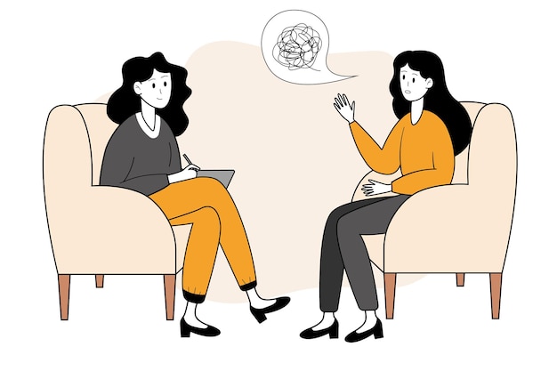 Emotional and psychological support Woman talking to psychologist Vector illustration