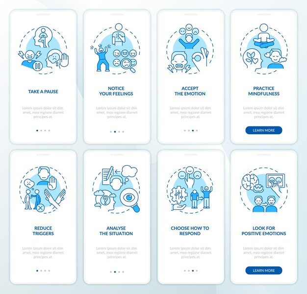 Emotional regulation blue onboarding mobile app screen set