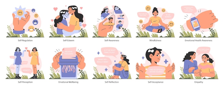 Vector emotional selfregulation set emotion awareness and resilience skill deep understanding and