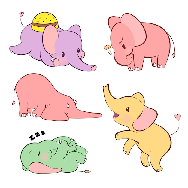 Vector emotional sticker set with cute elefant in different colors kawaii style cartoon emoji sticker with ...