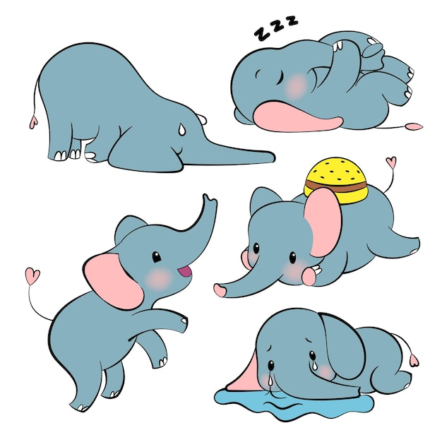 벡터 귀여운 코끼리 가와이이 스타일 만화 이모티콘 스티커가 있는 감성적인 스티커 세트