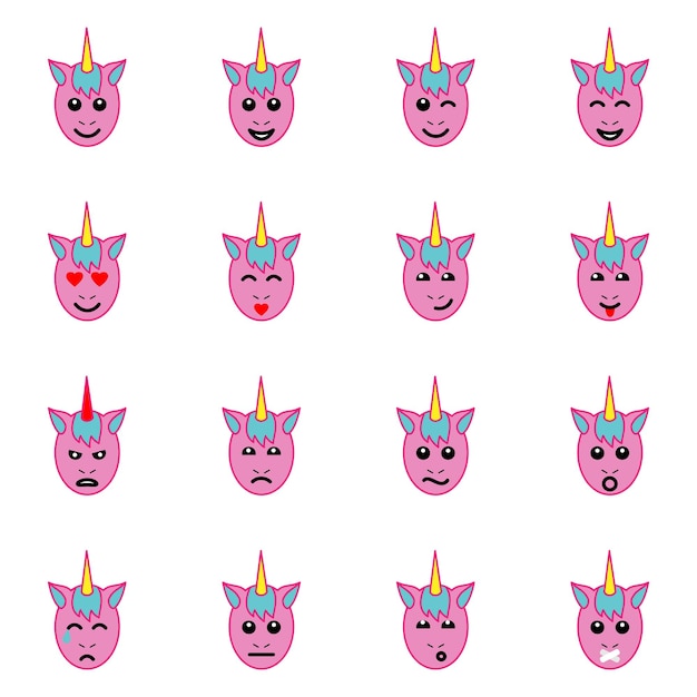 Emotional unicorn face icons set