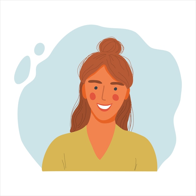 감정적 인 여자 초상화, 손으로 그린 여자, 행복 한 여성의 얼굴 및 어깨 아바타의 평면 디자인 컨셉 일러스트.