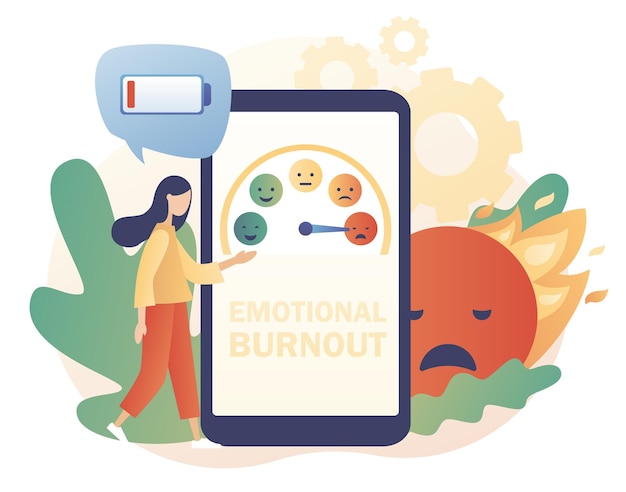 Emotionele burn-out. Mensen uit het bedrijfsleven overbelasten. Weinig energie, vermoeidheid, depressie, stressniveau, stemming