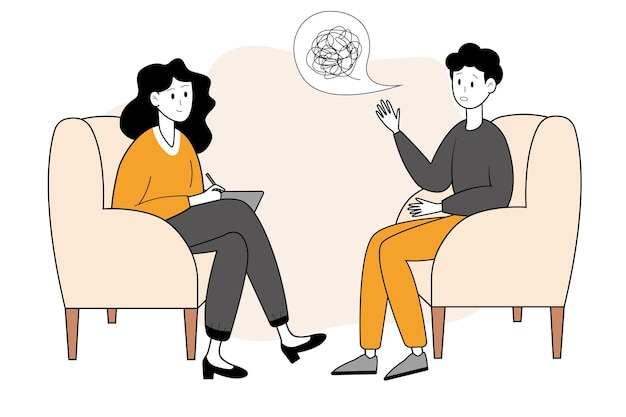 Emotionele en psychologische steun Man in gesprek met psycholoog Vector illustratie