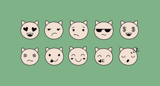 Emotionele katten worden geconfronteerd met avatars leuk kattenportret in verschillende uitdrukkingen grappige lach slaap kus gezicht vector kittens stickers illustratie van cartoon avatar gezicht katten