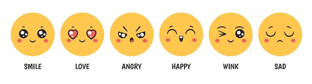 Emotions. Cartoon emoji faces with happy smile, love, sad, angry and wink for social media, chat or customer feedback, vector set. Reactions for social medial networking sites