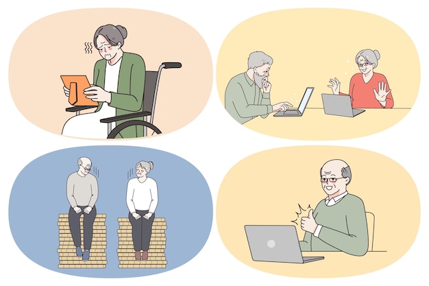 祖父母のコンセプトの感情とライフスタイル。成熟した人々の祖父母のセットは、コミュニケーションのベクトル図で問題を抱えているオンラインチャットとラップトップを学ぶことに不満を感じて写真を見て