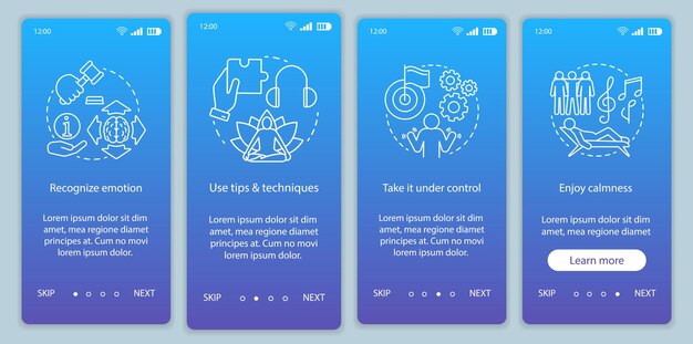 Emozioni che gestiscono il modello vettoriale della schermata della pagina dell'app mobile di onboarding. riconosci, usa suggerimenti, goditi la calma. procedura dettagliata del sito web con illustrazioni lineari. concetto di interfaccia per smartphone ux, ui, gui