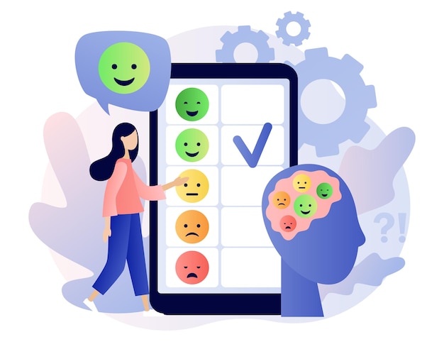 Emotions scale on smartphone screen Mood concept Tiny girl leave feedback online Emoji set