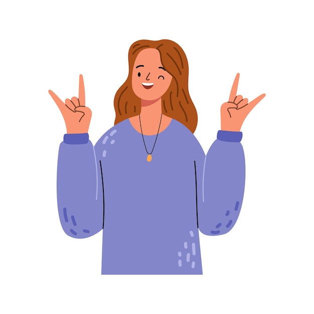 Vector emotive woman makes rock n roll sign hand gesture