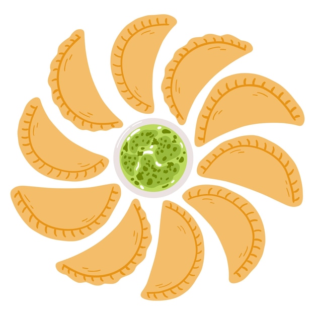 Empanadas in cartoon flat style Hand drawn vector illustration of traditional Latino America food folk cuisine