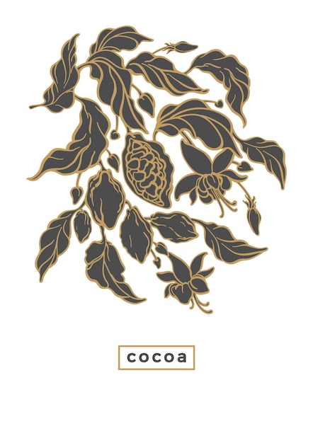 Emplate van cacaoboom gouden gebladerte fruitboon nature art line design