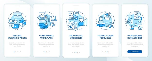 Schermata blu della pagina dell'app mobile onboarding dei vantaggi per i dipendenti