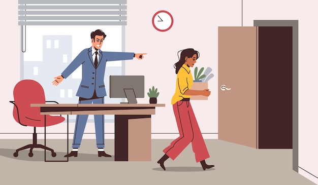 Employee dismissal Angry boss and unhappy sad woman with things box leaves office career end unemployment fired person scared business woman and manager vector isolated concept