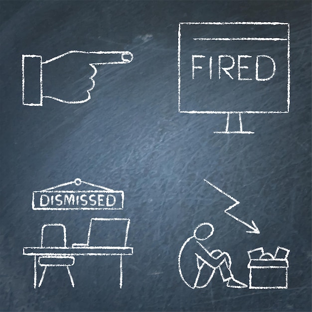 Employee dismissal icon set on chalkboard