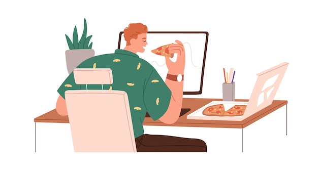 Dipendente che mangia cibo sul posto di lavoro. uomo che pranza, pasto dalla consegna della pizza, seduto alla scrivania del computer al lavoro. lavoratore e fast food. illustrazione vettoriale grafica piatta isolata su sfondo bianco.